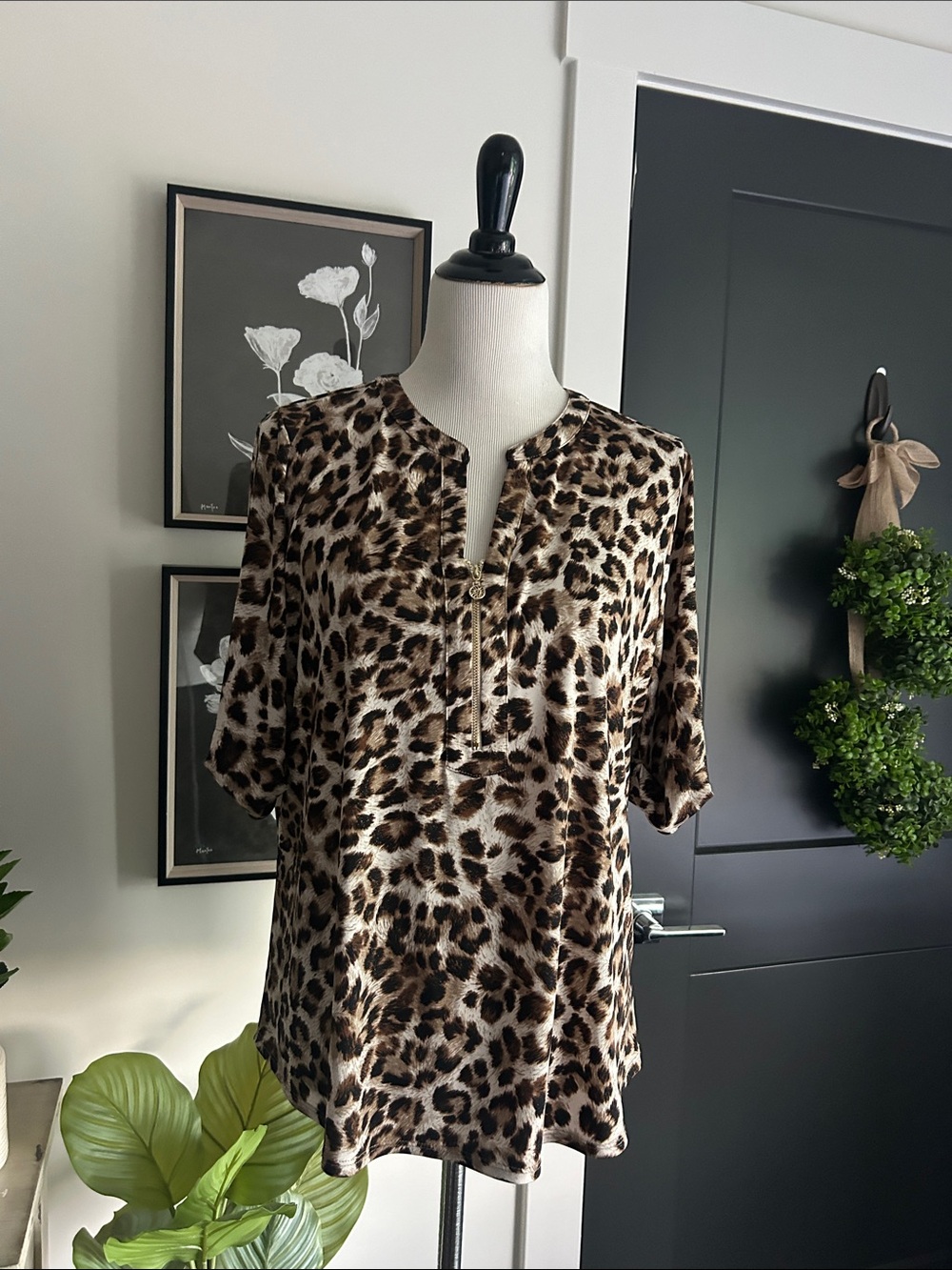 🌹 M stretchy Leopard Print Short Sleeve Blouse - Brown tan black